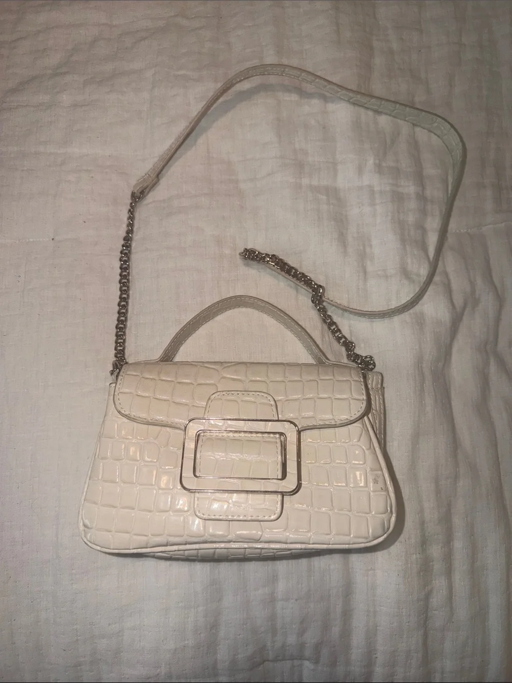 Zara Cream Croc-Embossed Top Handle Crossbody with Chain Strap
